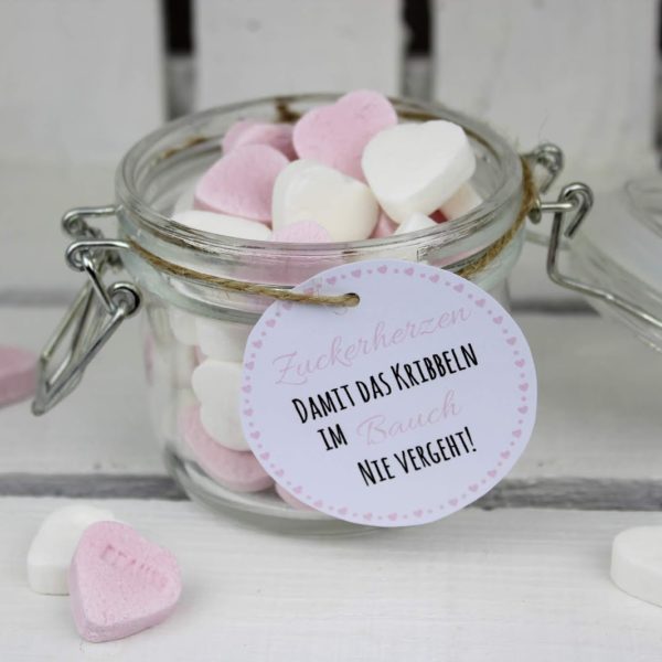 DIY Geschenk im Glas Zuckerherzen - perfekt als Hochzeits- oder Valentinstagsgeschenk + kostenlose Vorlage
