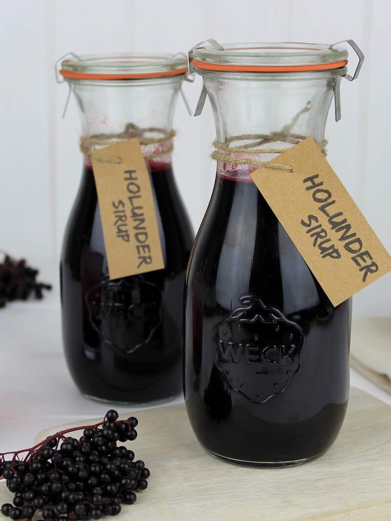 Holunderblütensirup, Flaschen, Getränk, Glas, Beeren