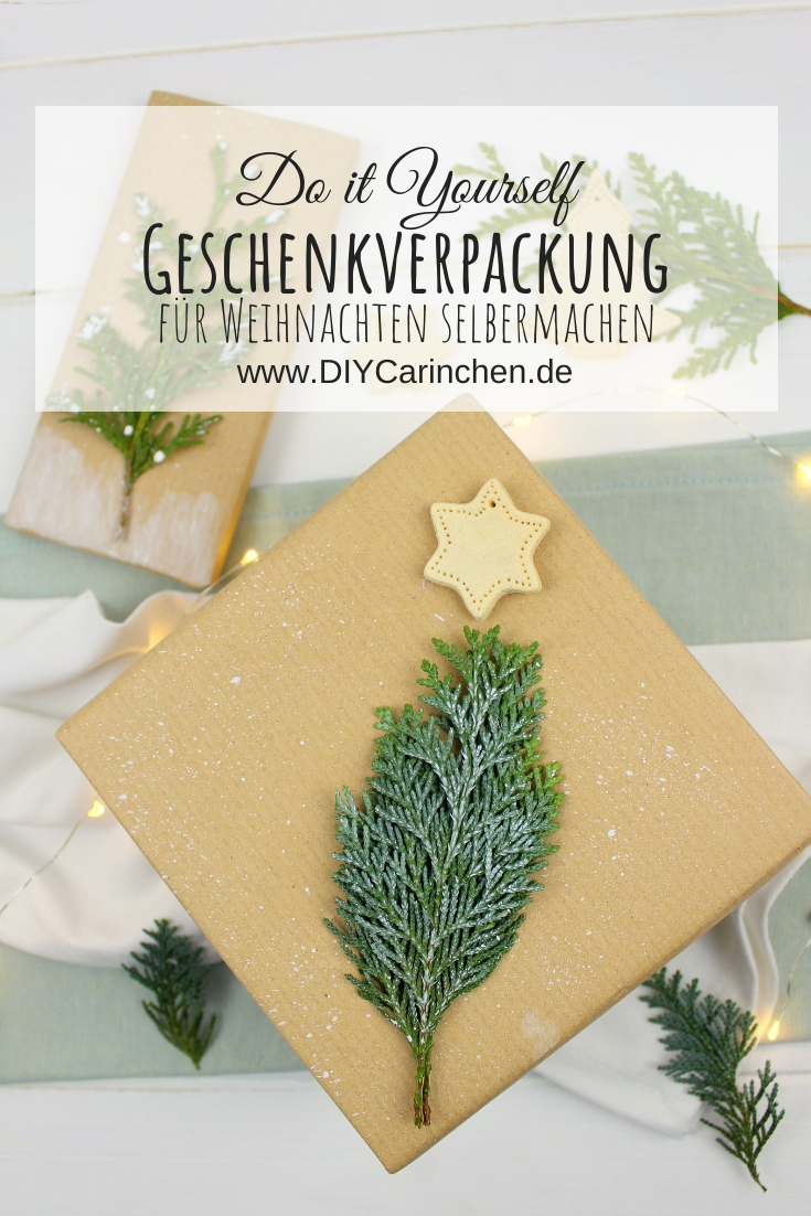 Selbstgemachte Geschenkverpackung zu Weihnachten mit Tanne / Konifere