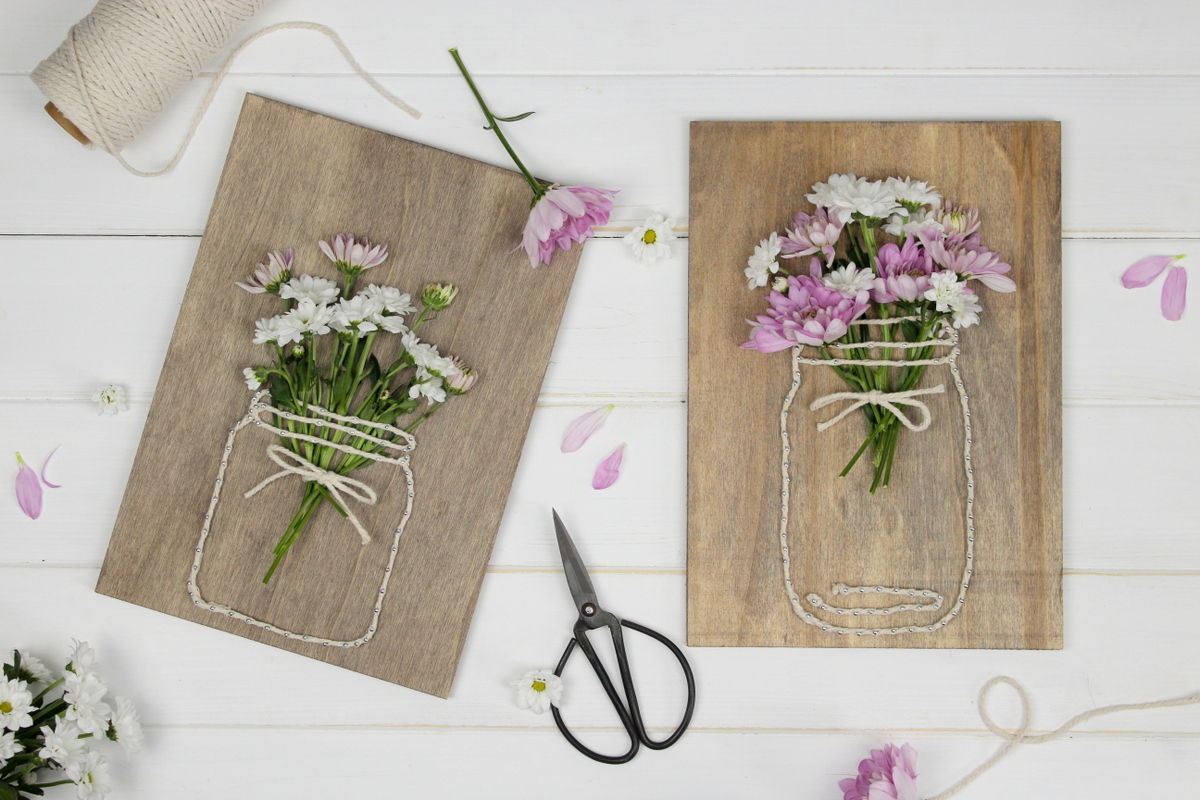 DIY String Art Wandbild Vase mit Blumen