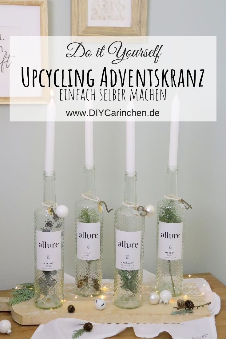 DIY selbstgemachter Upcycling Adventskranz aus Weinflaschen mit Tanne
