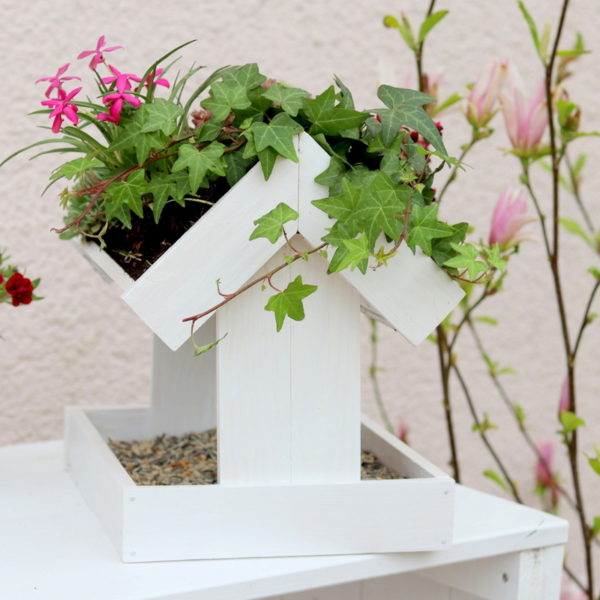 DIY selbstgebautes Vogelhaus mit bepflanztem Dach