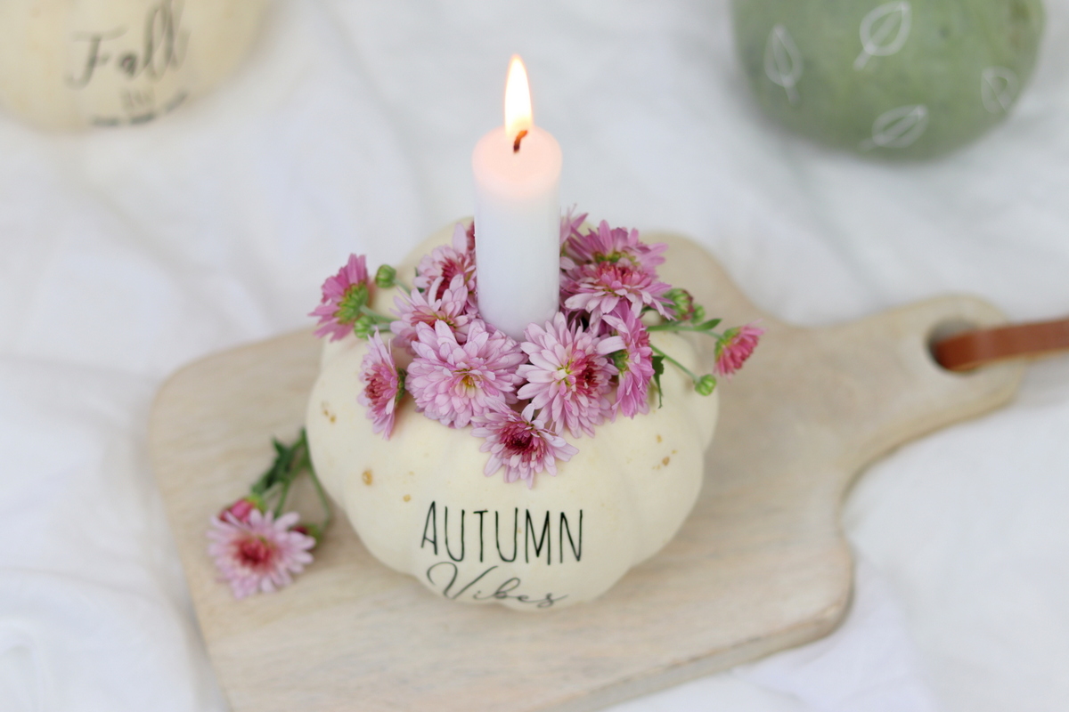 DIY Anleitung - aus einem Kürbis einen Kerzenhalter einfach selber machen und mit dem Plotter und Blumen verzieren