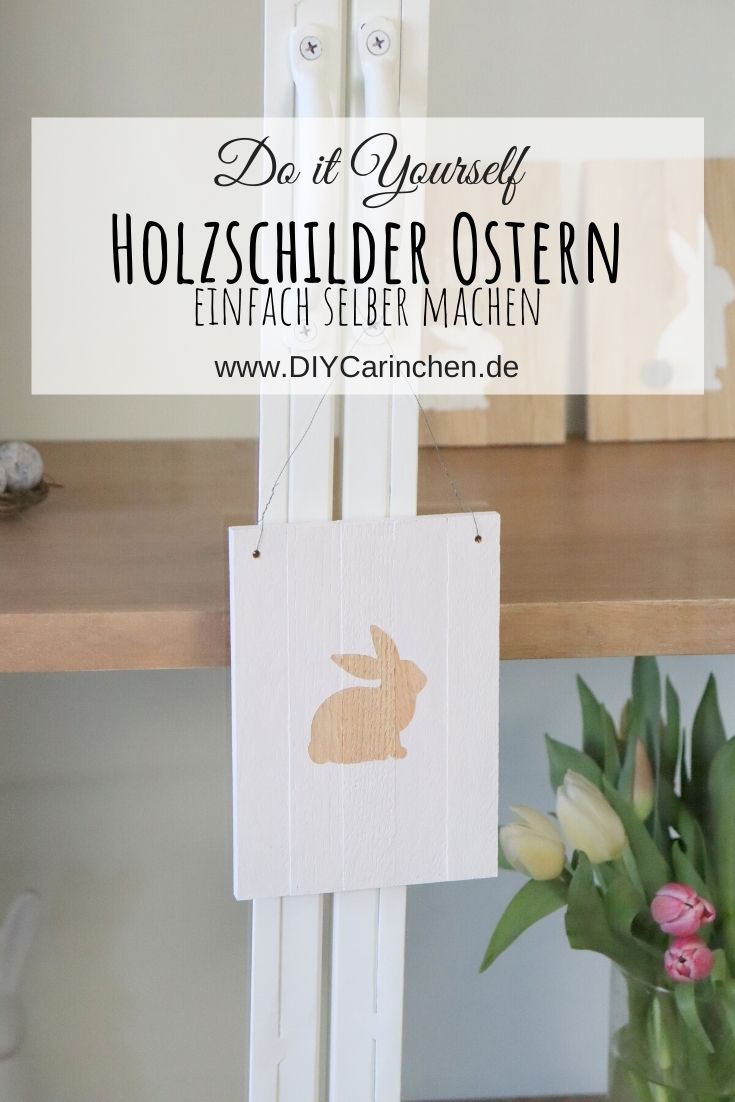 DIY - selbstgemachte Holzschilder zu Ostern aus Klötzchen mit Hasenmotiv